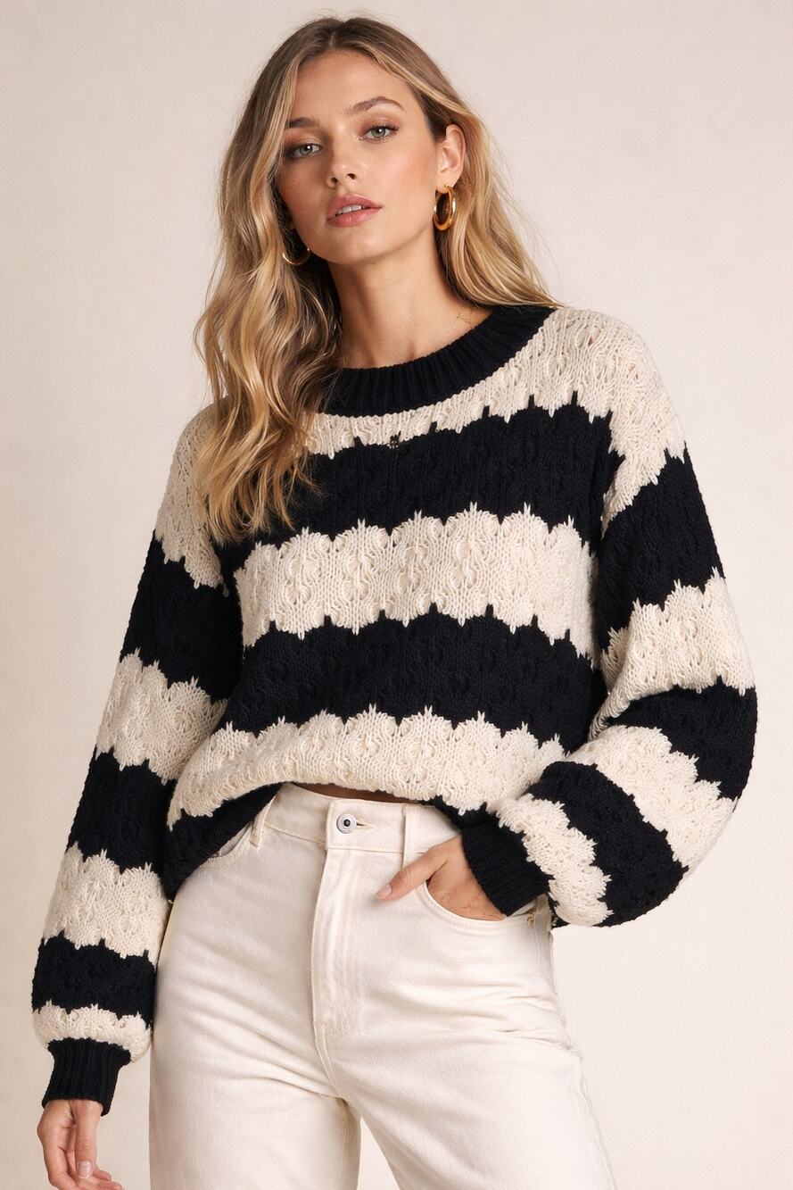 Line & Dot Beckett Sweater – Black & Ivory Stripe – Size M